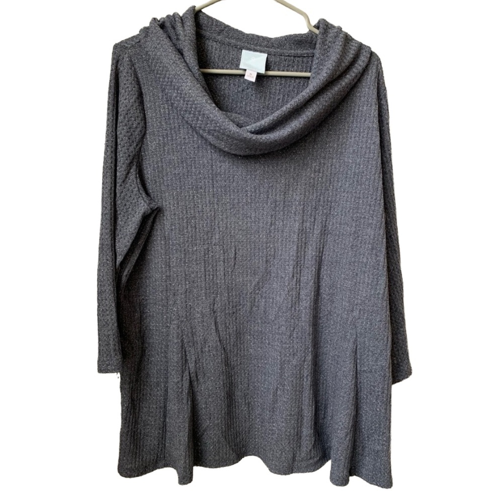 SUNDAY Women’s Gray Silver Threads Cowl Neck Waffle Weave 3/4 Sleeve Sweater